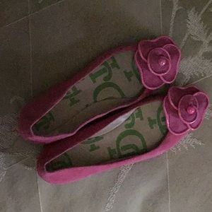 pink suede ballet flats with adorable suede flower